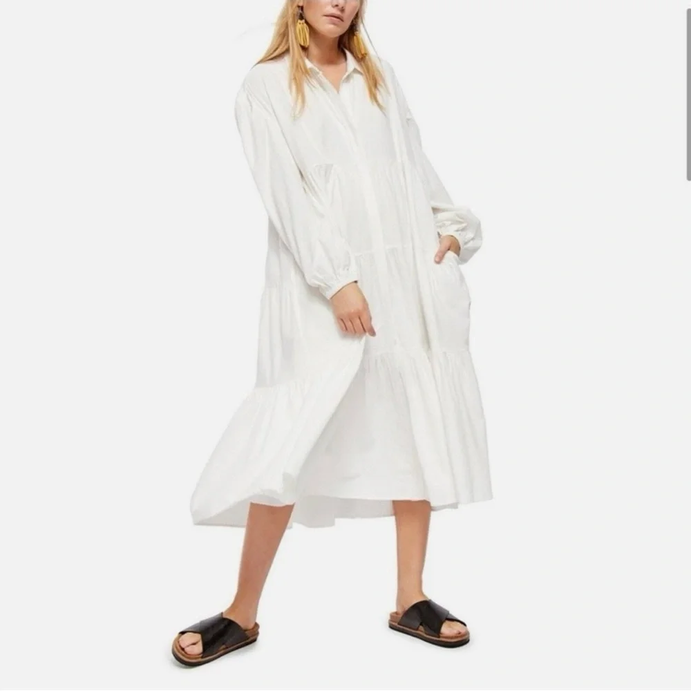 Free People Light Heart Oversized White Tiered Boho Maxi Dress Size S